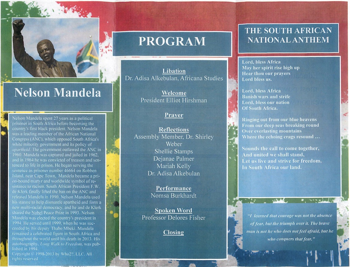 Honoring the Life of Nelson Mandela with Nomsa flyer p1,  SDSU 2013