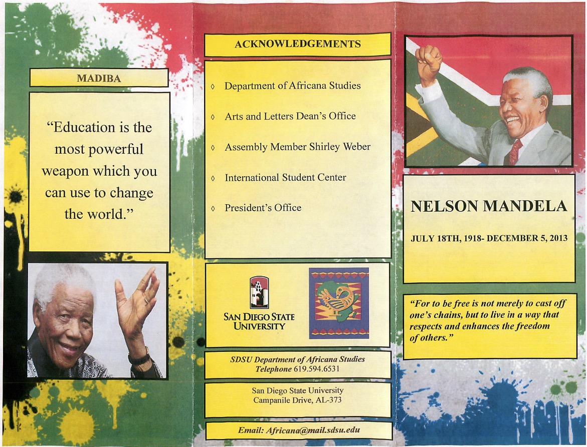 Honoring the Life of Nelson Mandela with Nomsa flyer p2, SDSU 2013 with Nomsa